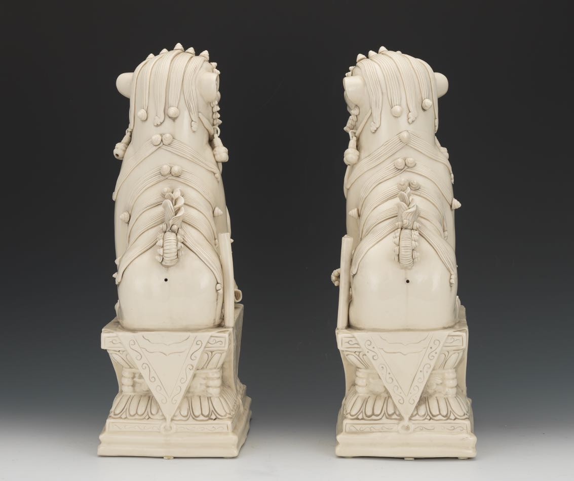 Chinese Pair of Large Blanc de Chine Temple Foo Dog Incense Burners, ca. 1920's 17-1/4" x 8-1/2" x - Image 5 of 7