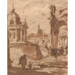 Francesco Guardi (Italian, 1712-1793) 9-7/16" x 7-13/16" paperAn architectural capriccio with a