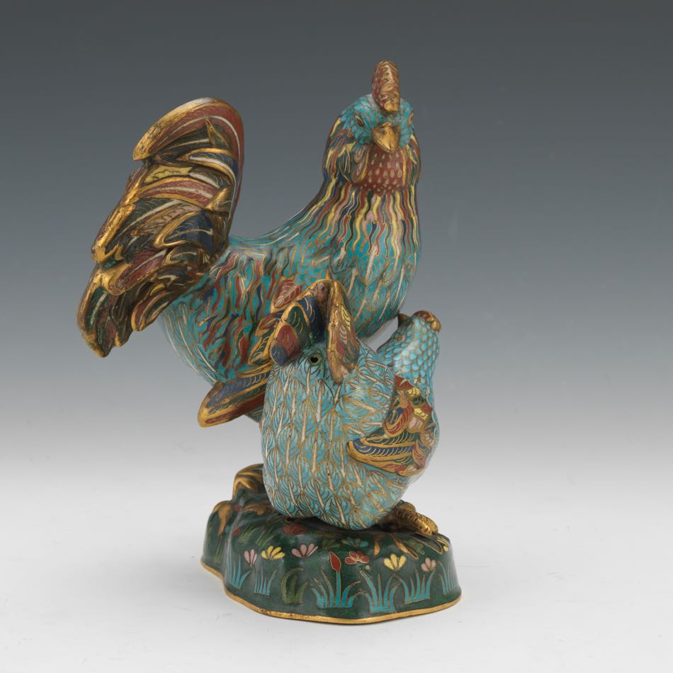 Chinese Cloisonne Grouping of Rooster and Hen, ca. Late Qing Dynasty/Republic Period 9" x 6-1/2" x - Image 4 of 7