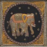 Indian Embroidery of an Elephant 26-5/8" x 26-5/8"Hand sewn sequins, beads, and gold threading of an