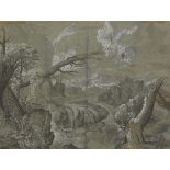 Flemish School, 17th Century 12" x 15-7/8" paper sizeWooded mountain landscape with a waterfall.