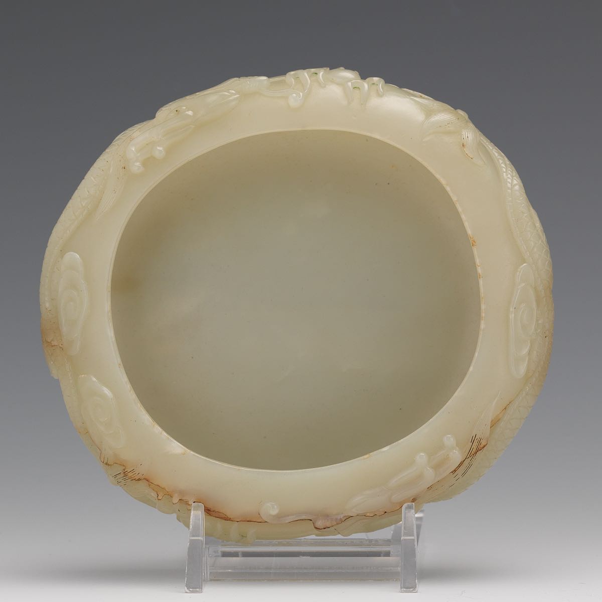 Carved Celadon Jade Brush Washer 4-1/2" x 1-1/4"Carved jade brush washing bowl with a dragon motif - Image 6 of 8