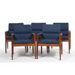 Five Jens Risom Side Chairs nullGroup of five speckled blue, upholstered arm chairs, padded armrests