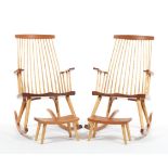 Pair of Thos. Moser "New Gloucester" Rocking Chairs with "Crescent" Stools nullTwo Moser "New