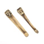 Two Carved Bone Belt Hooks nullCarved bone belt netsuke with pigmented basket weave pattern, 4-1/4".