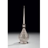 OTTOMAN SILVER ROSE WATER FLASK Silver,  rounded body on tall flaring foot, with long tapering neck,