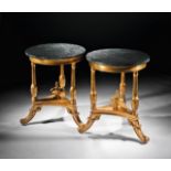 A PAIR OF FRENCH COFFEE TABLES French, gilded coffee table with marble top. 18 - 19 th c. h: 70 cm -