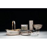 OTTOMAN LOT One basket with silver handle, one aznavour style coated cgar box, one ash tray, one