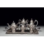 SILVER TEA SET English, total of five pieces with the tray. 20 th c. 5.789 gr.