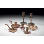 DESK CANDLESTICK COLLECTION French, bronze gilt, champleve enamel desk candlestick collection, a