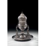 OTTOMAN SILVER CENSER Ottoman, silver censer with original tray and chains. 19 th c. 769 gr - 32 cm