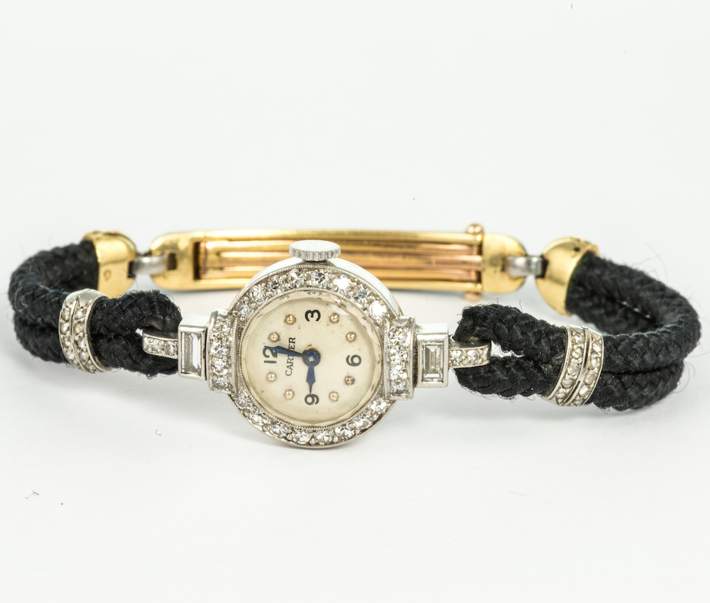 A fine lady's platinum, enamel, silk and diamond wrist watch by Cartier, clasp numbered 1667, dial - Image 2 of 4