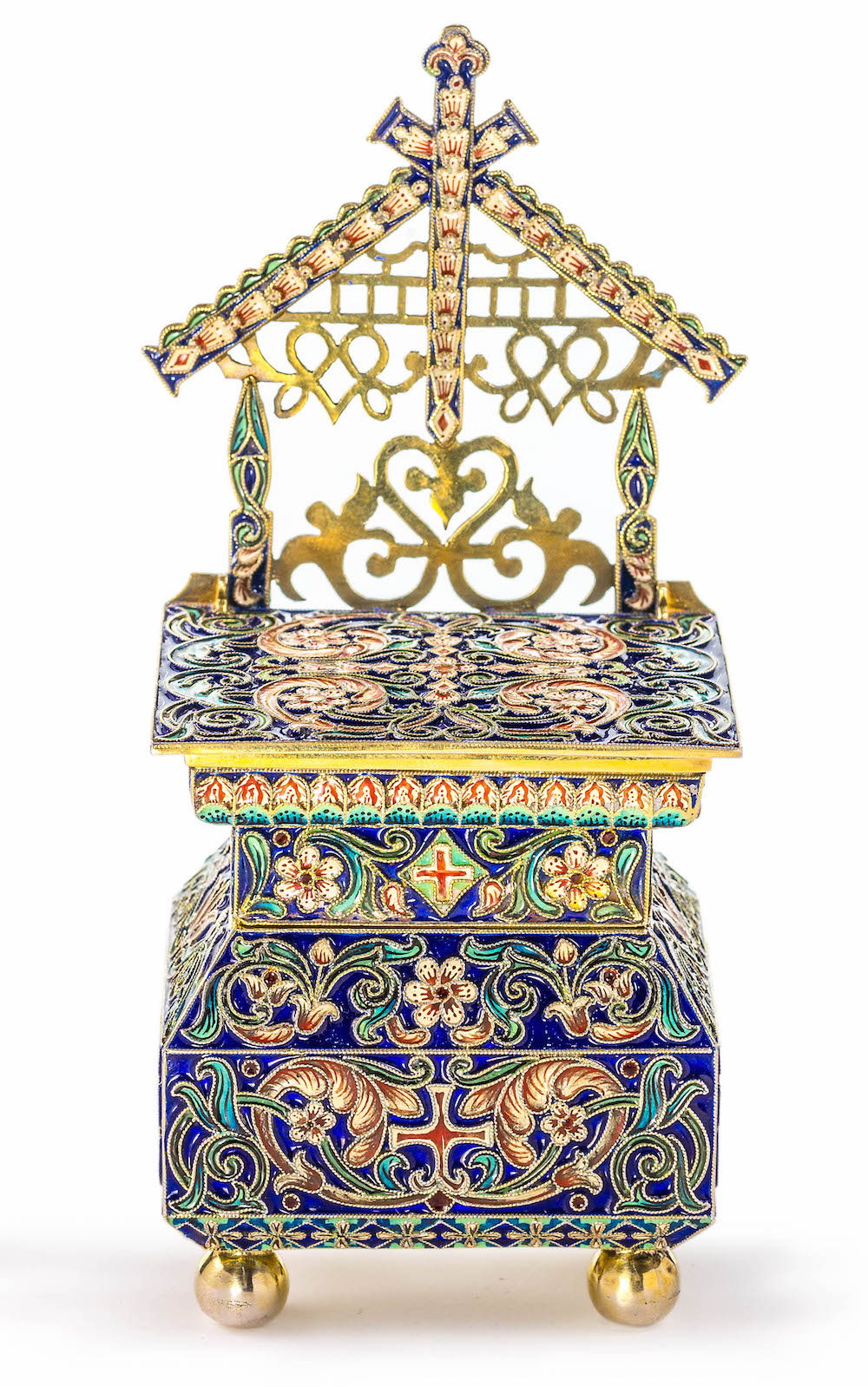 An antique silver and enamel Russian salt throne. Russian hallmarks, CK, 84, A.O and 1891 (see