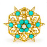 An antique gold turquoise and pearl brooch, width 4cm, Wt. 7.9g.