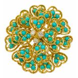 An 18ct gold, turquoise and diamond flower head brooch by B R Ltd, London 1963, Wt. 34.5g. Width 4.