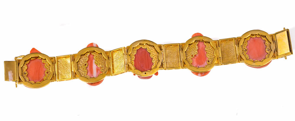 An antique gold and carved coral bracelet, length 21cm Wt. 108.1g. - Image 2 of 3