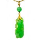 A gold and jadeite pendant on gold chain, pendant length 5.5cm width 1.5cm, chain length 36cm. Total
