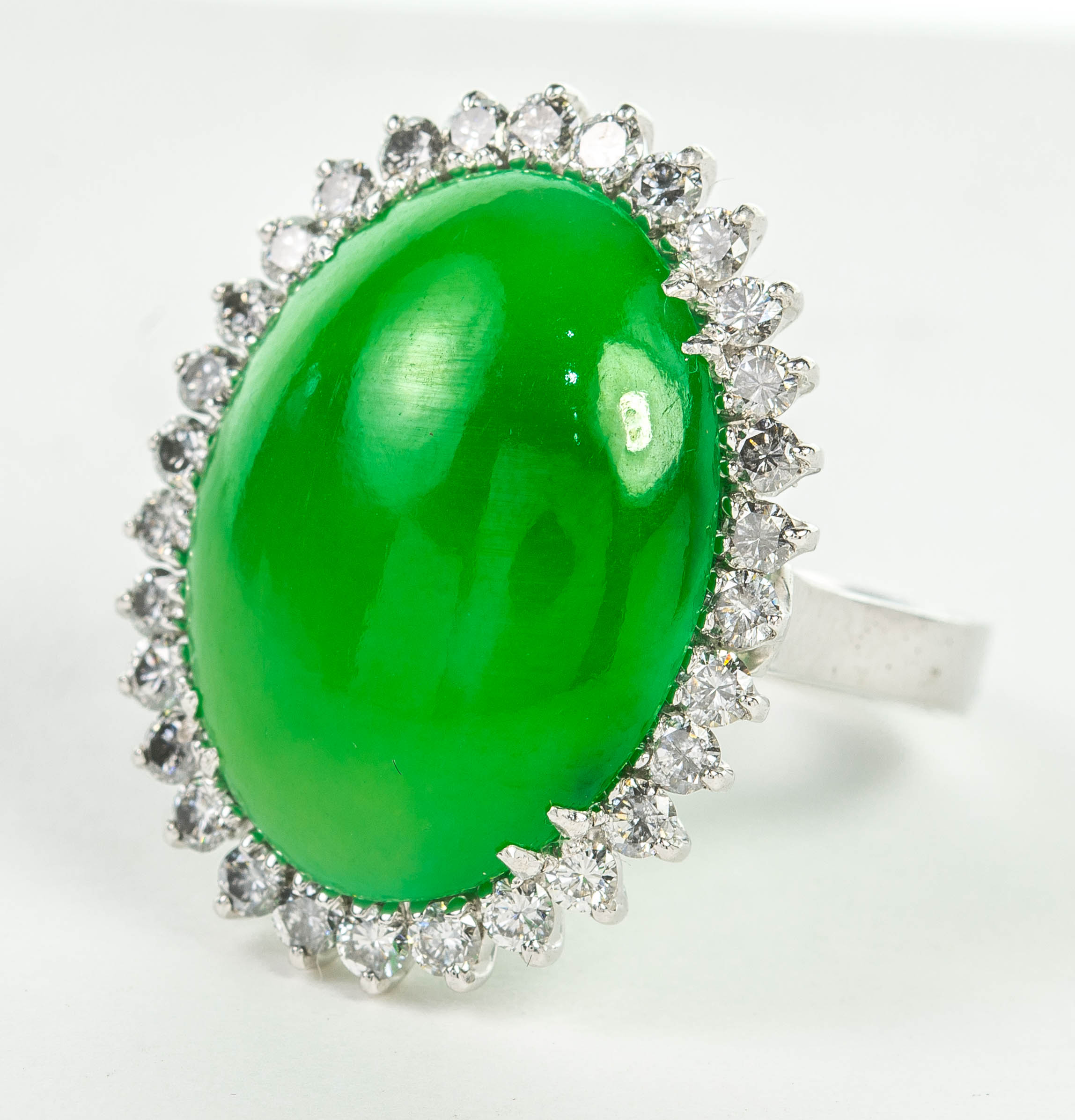 A platinum, certificated no treatment jadeite and diamond ring, jade measures 20.2 x 15.1 x 5.4mm, - Image 2 of 4