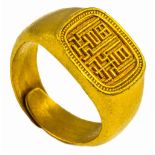 An antique Chinese gold ring, the seal characters (shou) on bezel mean "good fortune", inner