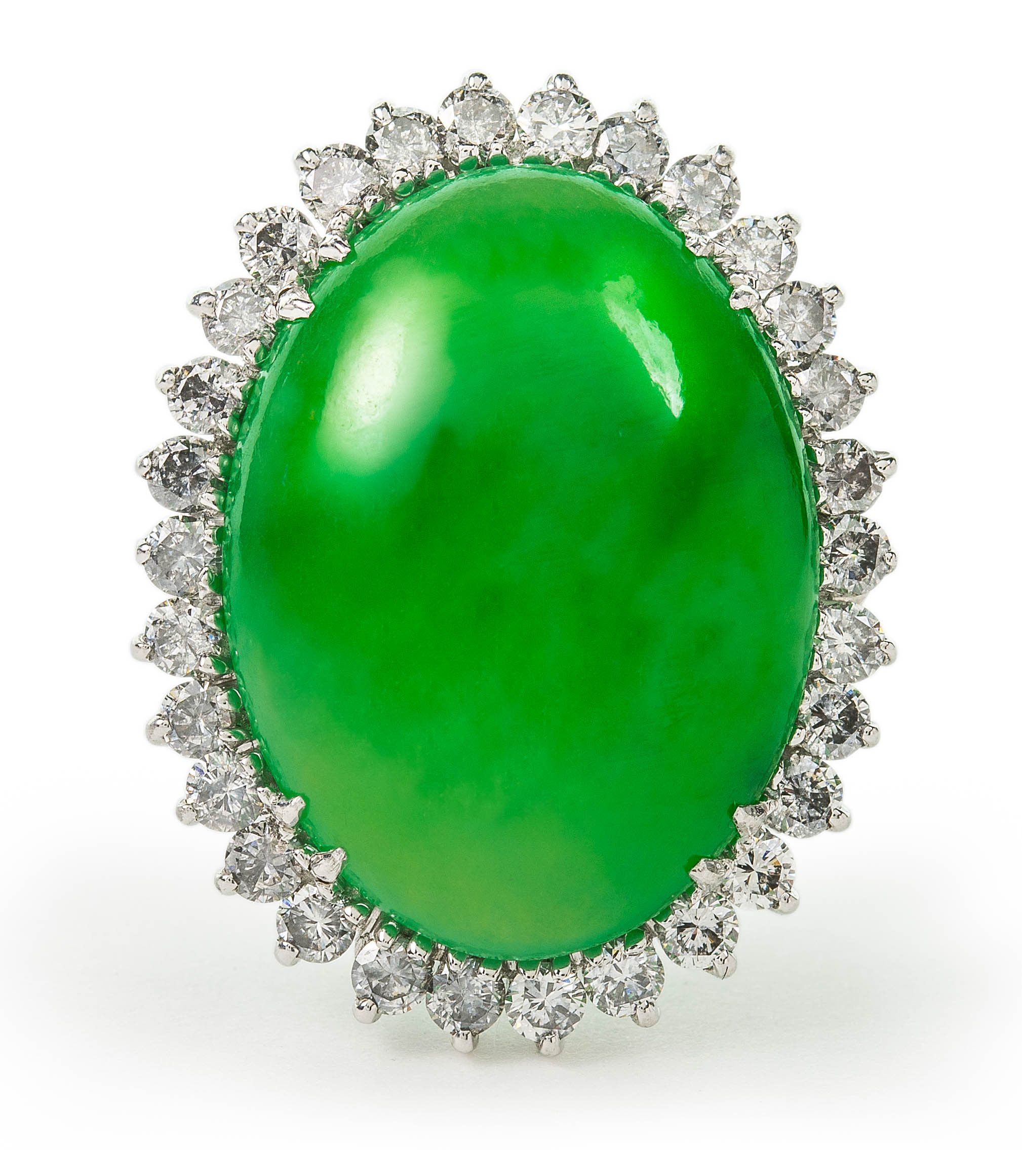 A platinum, certificated no treatment jadeite and diamond ring, jade measures 20.2 x 15.1 x 5.4mm,