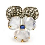 An antique rock crystal diamond and sapphire flower brooch, length 2.8cm, Wt. 10.3g.