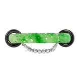 A jadeite onyx and diamond brooch, Est. Dia. Wt. 0.50ct length 7.8cm, Wt. 17.3g.