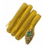 An antique gold, diamond and emerald snake bracelet, bracelet width 5cm, Wt. 38g.