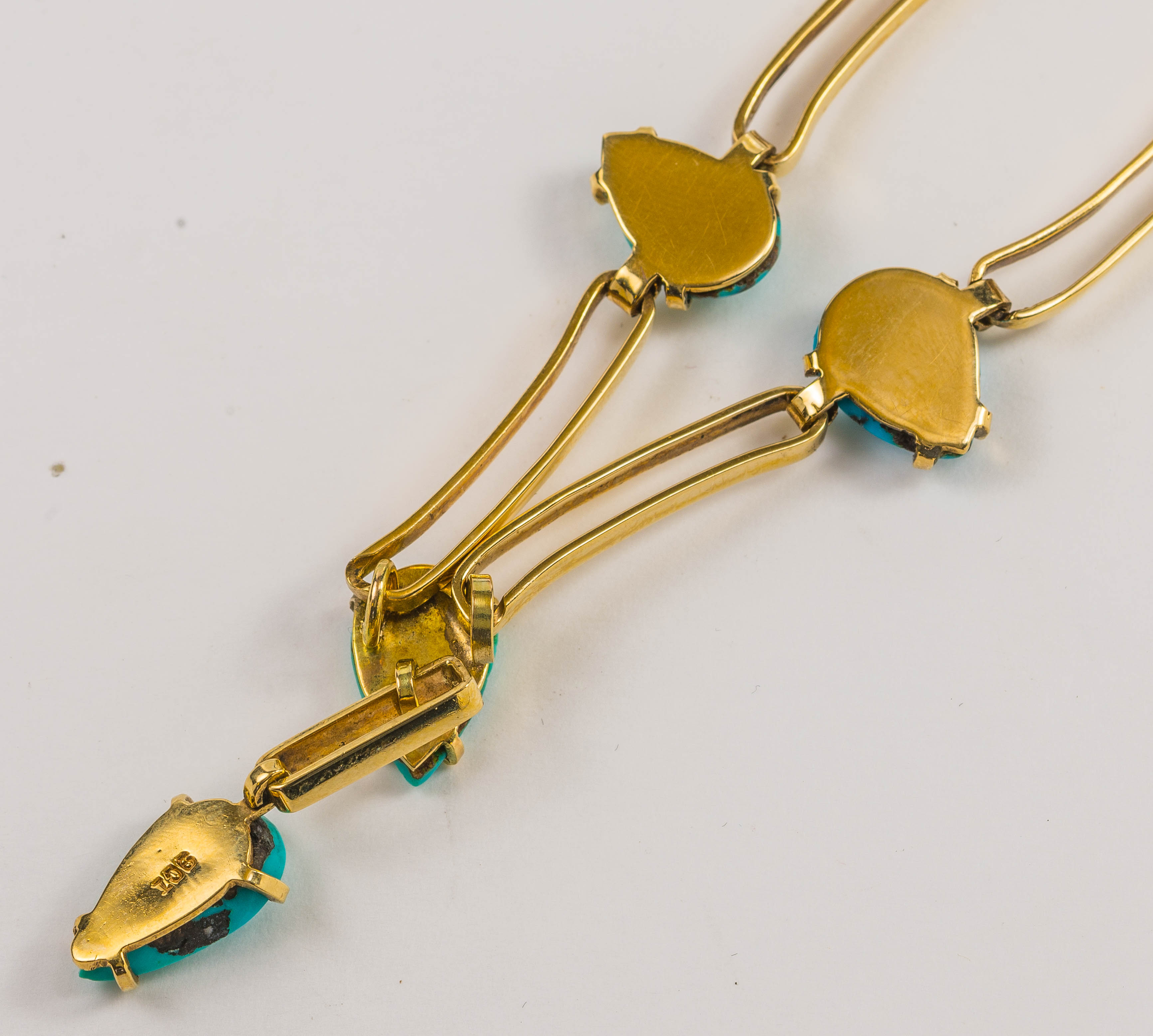 A gold and turquoise necklace, pendant length 9.5cm, necklace length 45cm Wt.11.8g. - Image 2 of 2