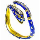 A Victorian enamel and diamond snake bangle. Est. Dia. Wt.1.4ct. Width 6.8cm. Wt. 48g.