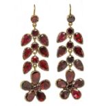 A pair of Antique garnet flower earrings, length 5cm, Wt. 12g.