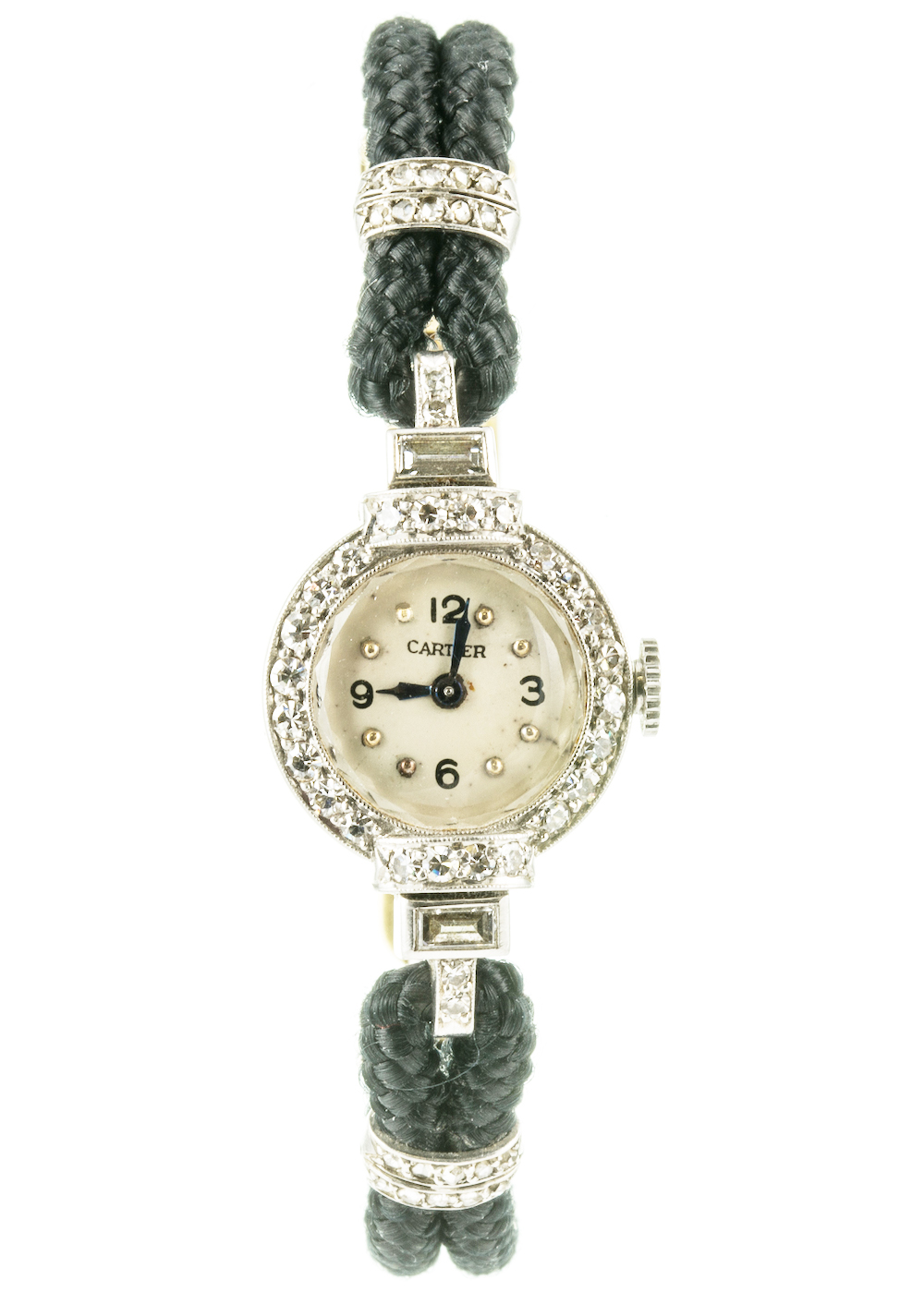 A fine lady's platinum, enamel, silk and diamond wrist watch by Cartier, clasp numbered 1667, dial