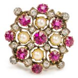 A late 19th century ruby diamond and ½ pearl brooch. Est. Dia. Wt. 0.45ct. Length 2.5cm. Weight 6.