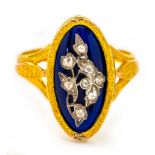 An antique gold, enamel and diamond ring, in fitted case, Wt. 3.6g, ring size N.