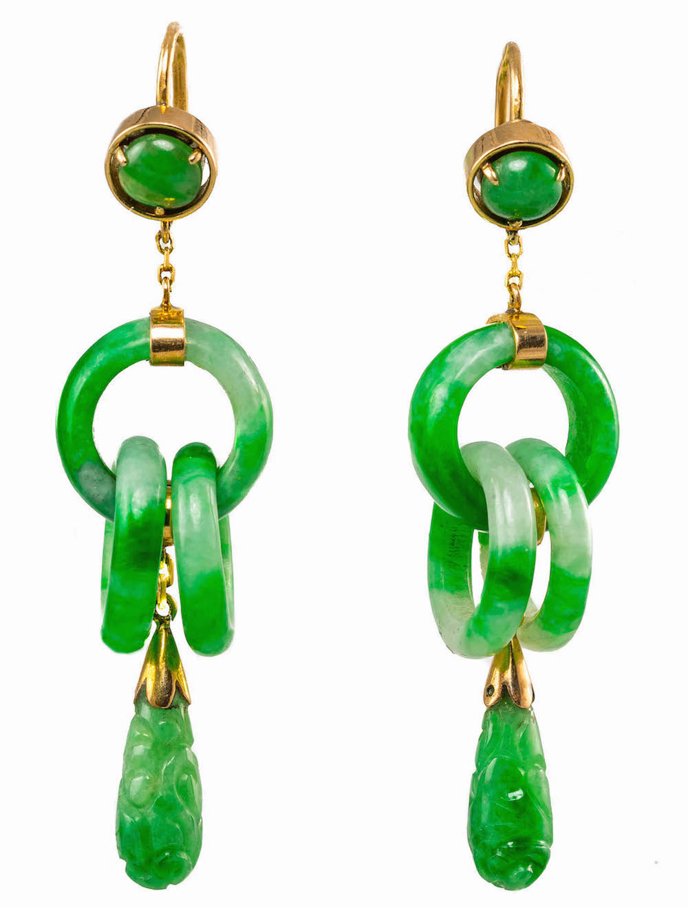 A pair of certificated no treatment jadeite drop earrings length 5 cm, Wt. 11.3g. Together with