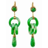 A pair of certificated no treatment jadeite drop earrings length 5 cm, Wt. 11.3g. Together with