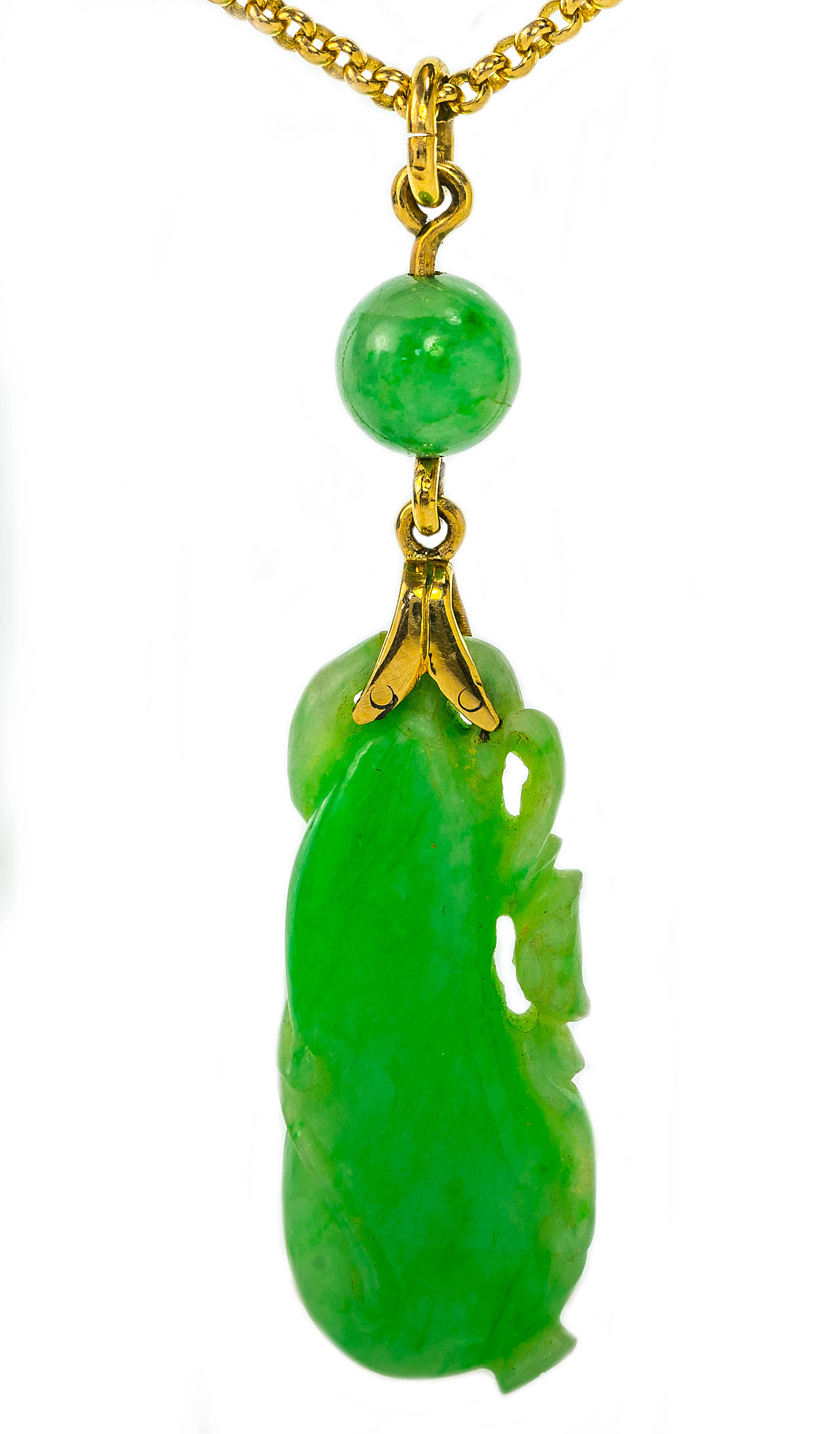 A gold and jadeite pendant on gold chain, pendant length 5.5cm width 1.5cm, chain length 36cm. Total - Image 2 of 2