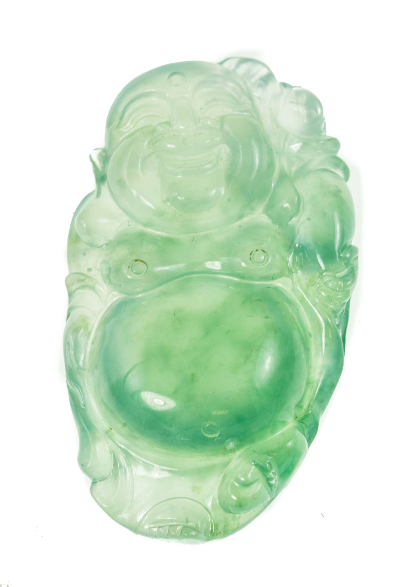 An exceedingly fine certificated icy jadeite Buddha pendant. 36.39mm x 21.11mm x 7.31mm. Wt. 9 g.