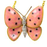 An 18ct gold enamel and diamond butterfly pendant on 18ct gold chain by Boucheron, signed