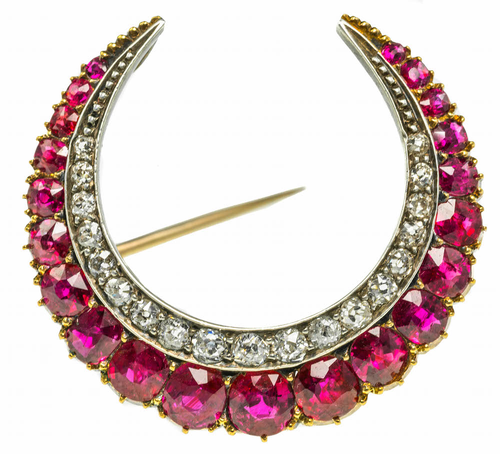 A Victorian ruby and diamond crescent brooch, Est. Ruby Wt. 1.75ct size 3cm x 2.8cm. - Image 2 of 3