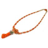 An antique gold, Mediterranean coral, emerald and diamond necklace, pendant length 7.5cm necklace