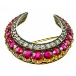 A Victorian ruby and diamond crescent brooch, Est. Ruby Wt. 1.75ct size 3cm x 2.8cm.