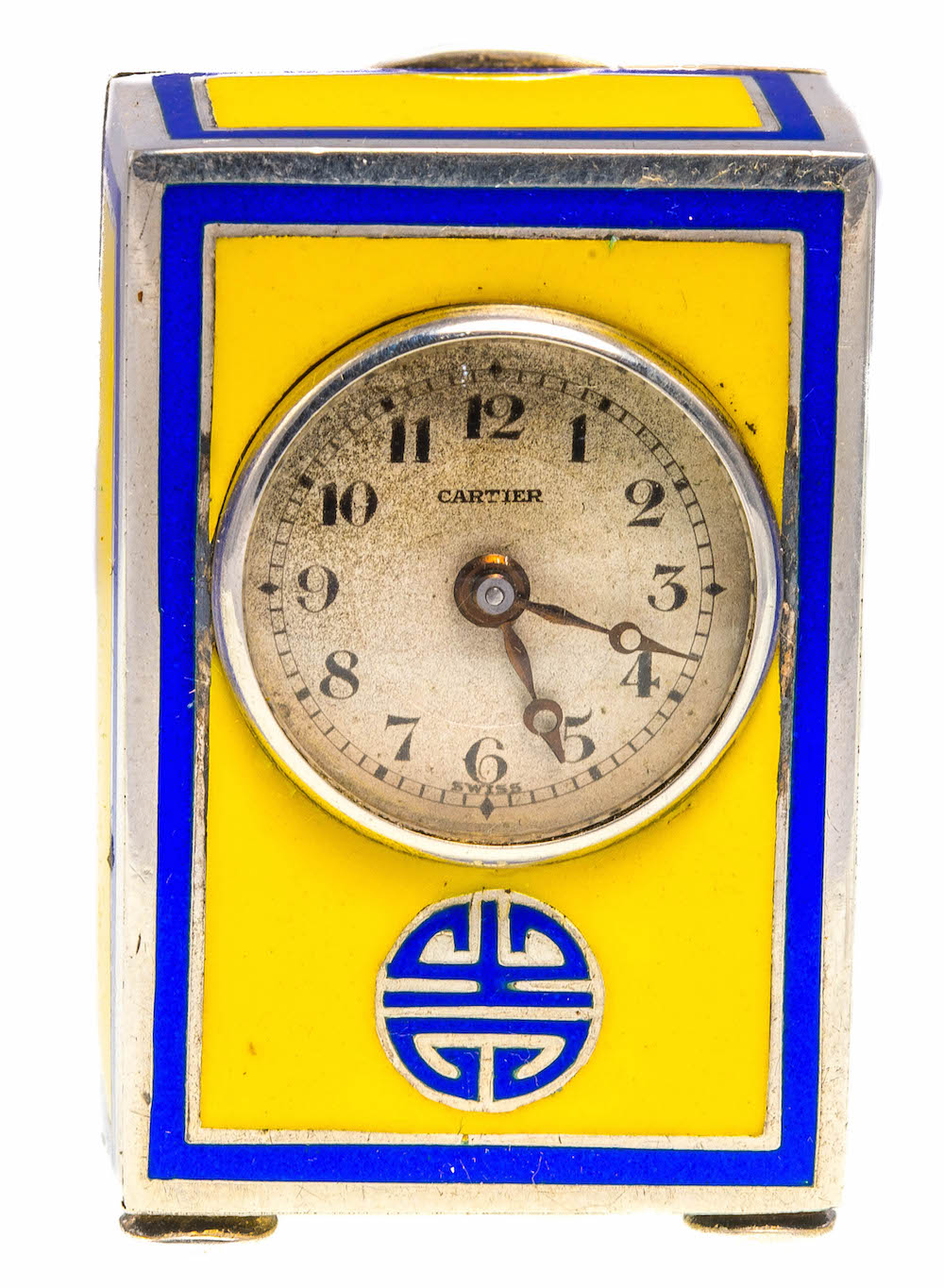 A miniature Cartier enameled carriage clock, circular dial with Arabic numerals inscribed Cartier,