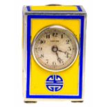 A miniature Cartier enameled carriage clock, circular dial with Arabic numerals inscribed Cartier,