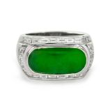 An 18ct gold certificated no treatment jadeite and diamond ring. Ring size V, Dia. Wt. 0.75ct.