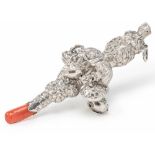 A Victorian George Unite silver and coral rattle, length 10cm Wt. 50g.