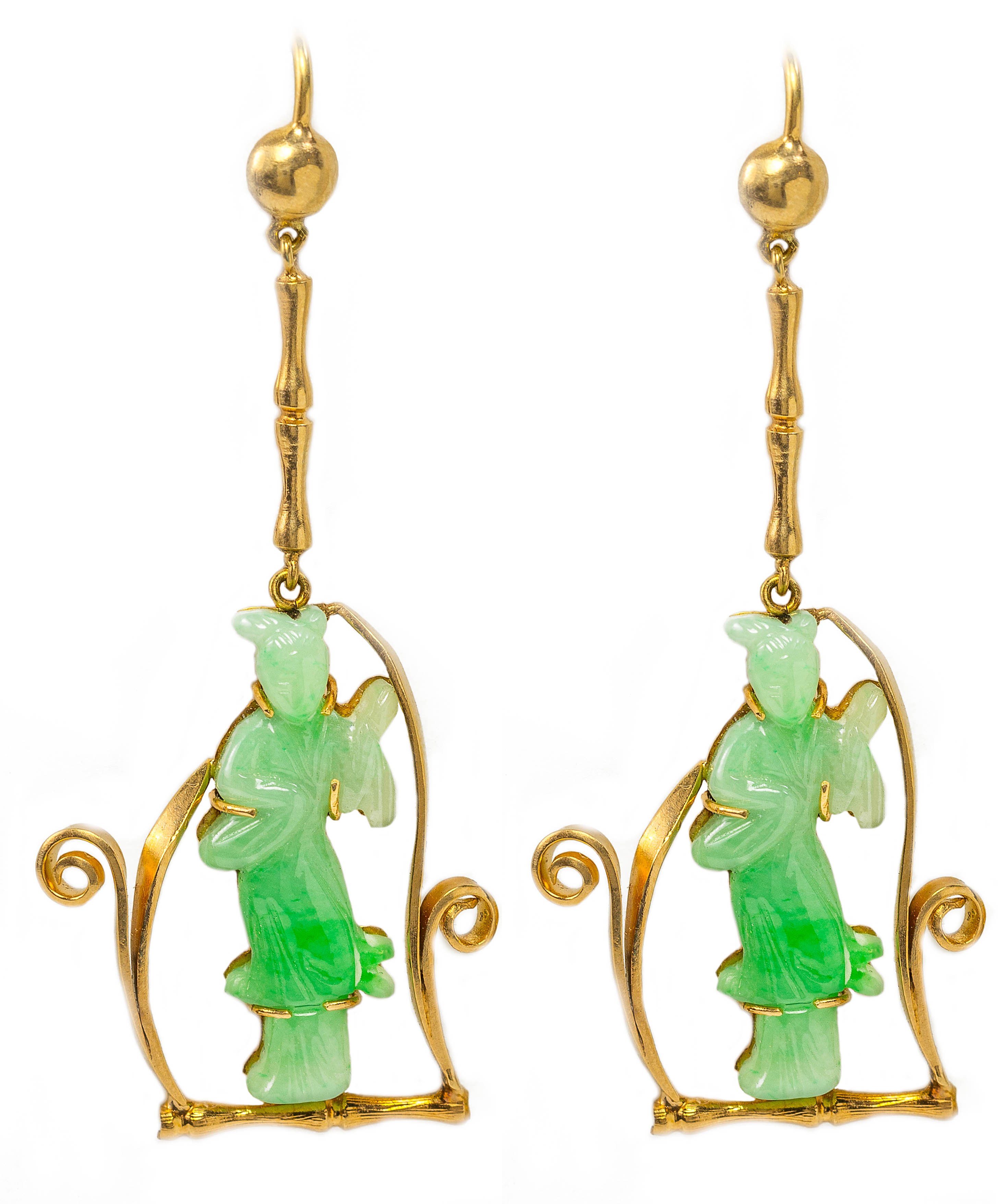 A pair of gold and jadeite earrings, length 5.5cm, Wt. 8.4g.