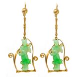 A pair of gold and jadeite earrings, length 5.5cm, Wt. 8.4g.