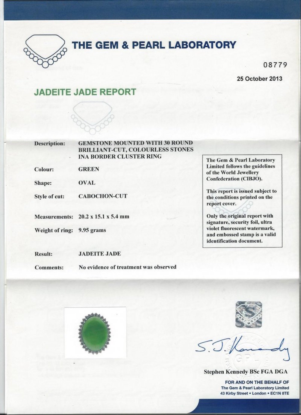 A platinum, certificated no treatment jadeite and diamond ring, jade measures 20.2 x 15.1 x 5.4mm, - Image 4 of 4