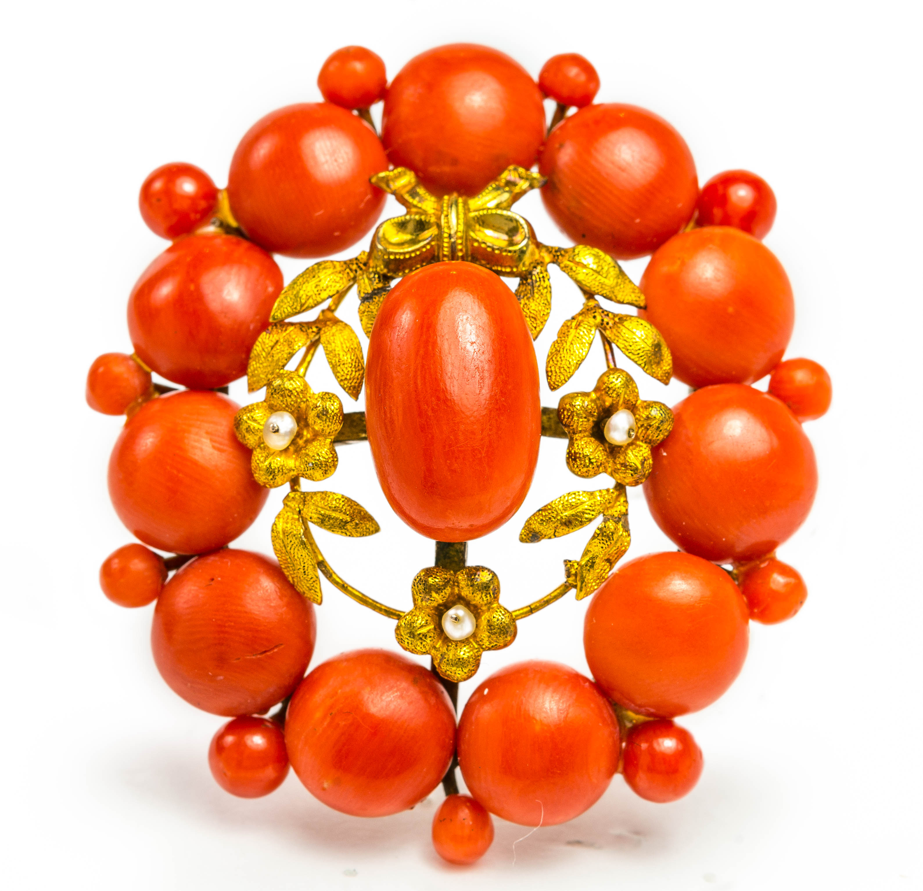 An antique gold, Mediterranean coral and pearl brooch. Size 4cm x 3.5cm Wt. 11.5g.