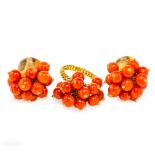 An antique gold and Mediterranean coral earrings and ring set, ring size K, earring size 2cm,